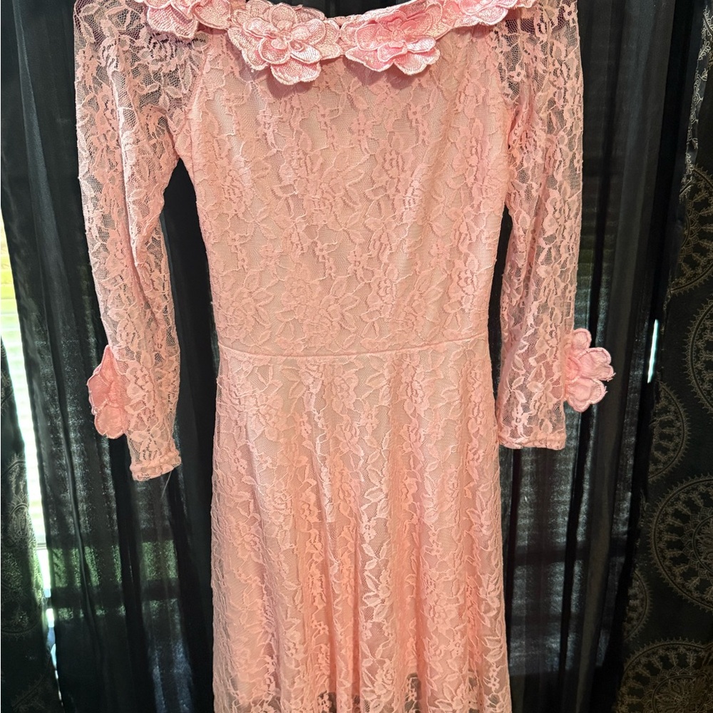 Elegant Pink Lace Dress with Floral Accents